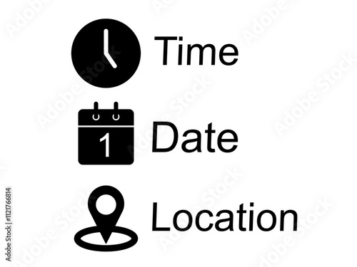 Date, time, location icon, flat style pictogram icon for mobile app ui or ux, logo symbol design sign vector illustration, isolated on white editable