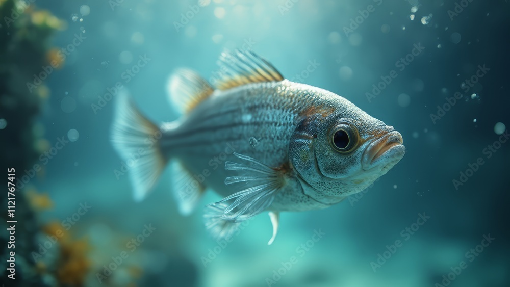 A fish swimming in the ocean with bubbles in the water A fish swimming in the ocean with bubbles in the water
