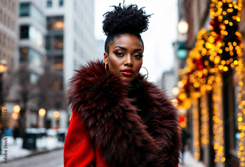 Elegant woman in red coat with fur collar walks through a snowy city street adorned with festive lights during winter evening Elegant woman in red coat with fur collar walks through a snowy city street adorned with festive lights during winter evening