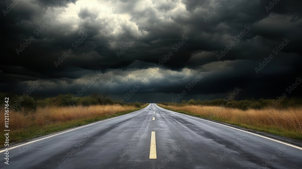 Travel themed image showing an empty road with dark storm clouds overhead Travel themed image showing an empty road with dark storm clouds overhead