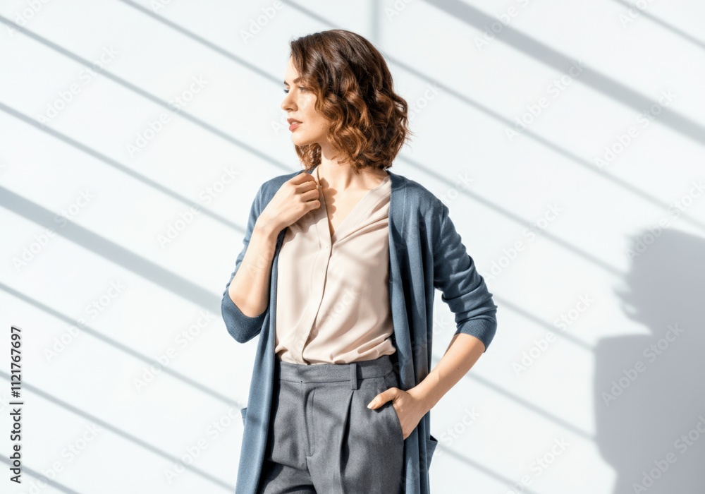 Fototapeta premium Stylish Woman in Blue Cardigan and Grey Trousers