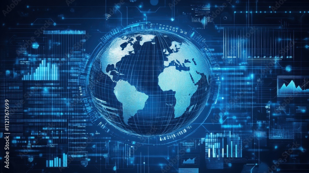 Digital Globe with Data Visualization in Blue Futuristic Tech Background Digital Globe with Data Visualization in Blue Futuristic Tech Background