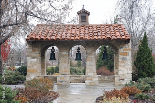 Three bells hanging in stone arches in a garden setting photo