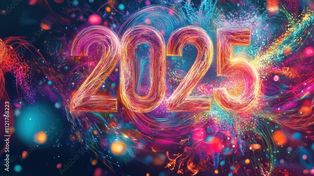 Futuristic holographic 2025 with colorful energy explosions Futuristic holographic 2025 with colorful energy explosions
