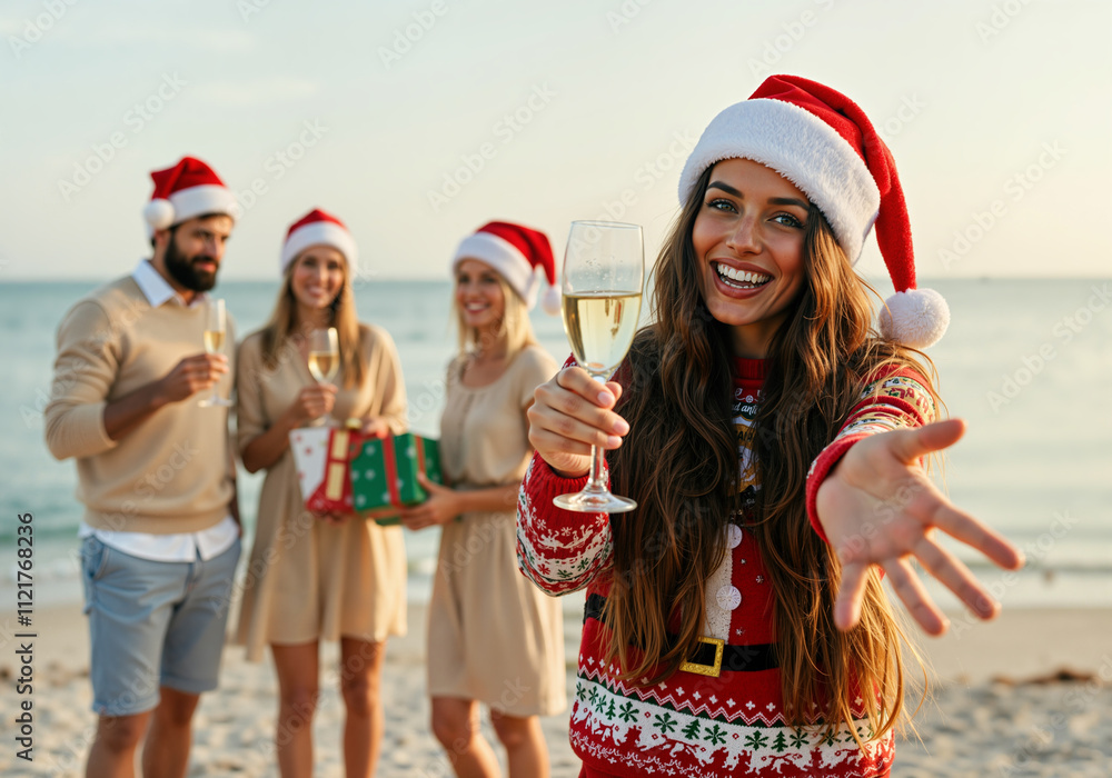 Obraz premium Group of friends celebrating new year's eve at the beach holding gifts and wearing santa hats, smiling lady holds her hand out inviting you to join them while holding a champagne flute glass