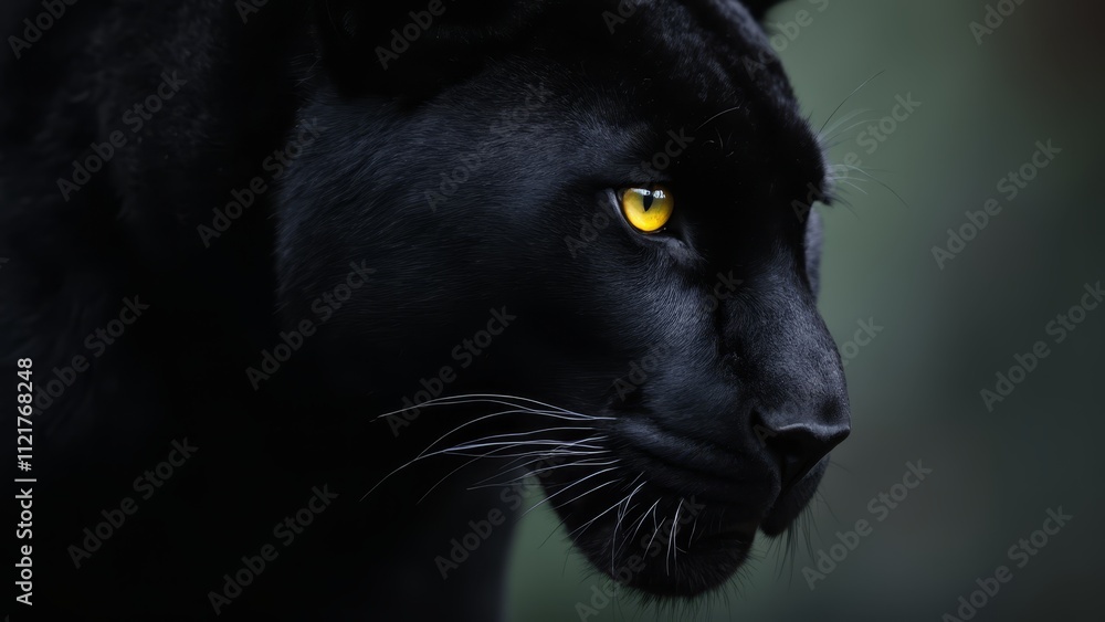 A close up of a black panther's face with yellow eyes A close up of a black panther's face with yellow eyes