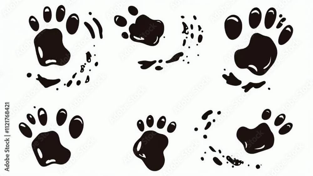 Frame Footprints. Paw prints of an animal on a white background with traces of animals. Cartoon comic funny paws Frame Footprints. Paw prints of an animal on a white background with traces of animals. Cartoon comic funny paws