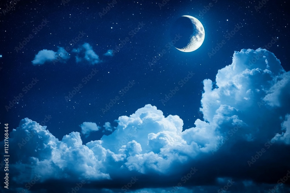 A Serene Night Sky with a Glowing Crescent Moon Illuminating the Soft Clouds Below Under a Deep Blue Celestial Canopy with Sparkling Stars A Serene Night Sky with a Glowing Crescent Moon Illuminating the Soft Clouds Below Under a Deep Blue Celestial Canopy with Sparkling Stars