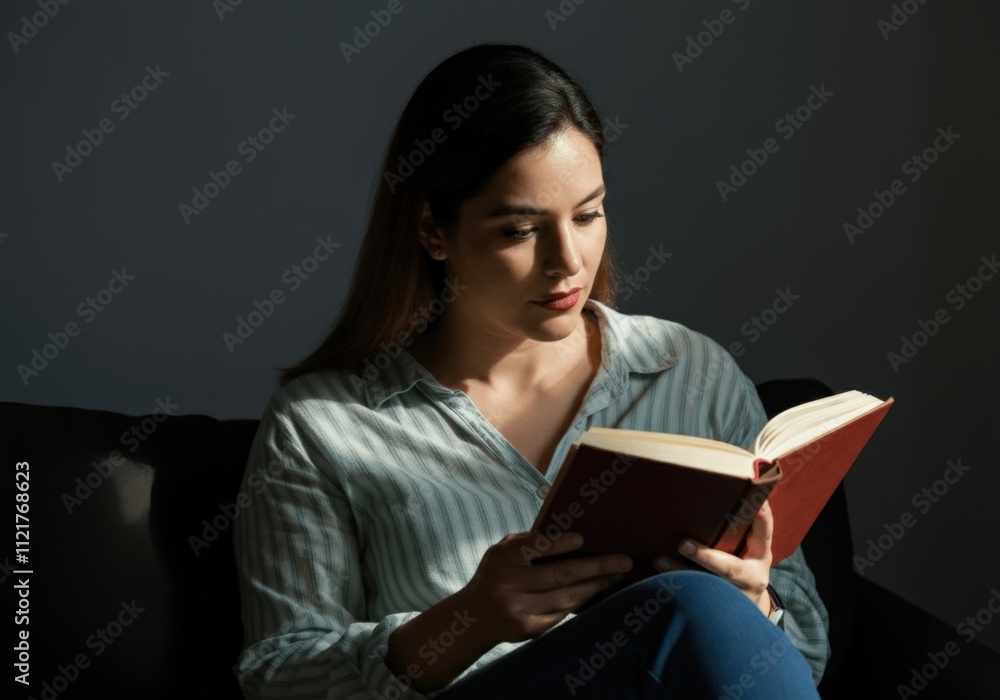 Woman Reading a Book in a Dark Room Woman Reading a Book in a Dark Room