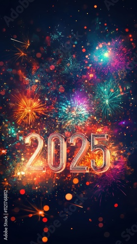 2025 in silver font over rainbow fireworks background