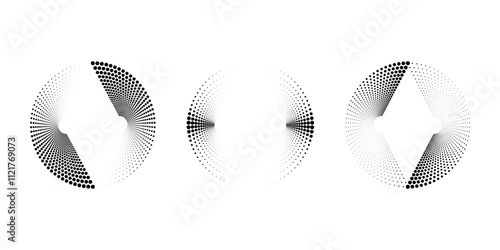 Set of black abstract dotted shape. Geometric art. Halftone dots. Trendy design element for logo, tattoo, sign, symbol, web, prints, posters, social media, template, pattern, abstract backdrop