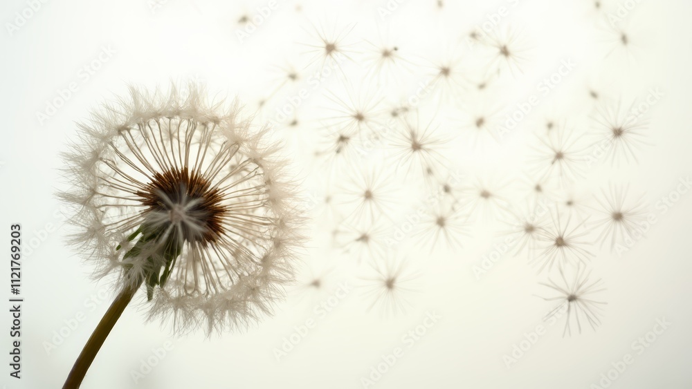 A dandelion blowing in the wind on a white background A dandelion blowing in the wind on a white background