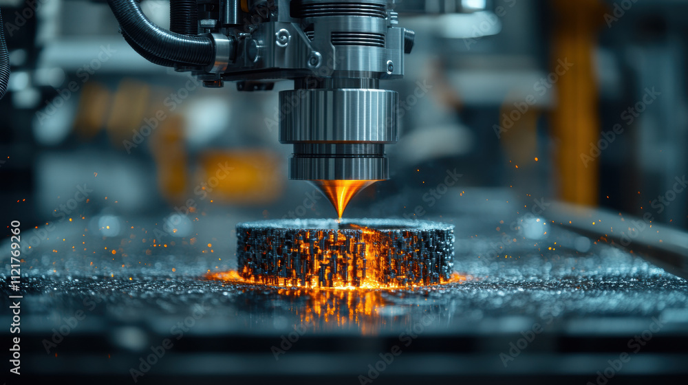 3D printer fabricating complex metal object with sparks flying 3D printer fabricating complex metal object with sparks flying