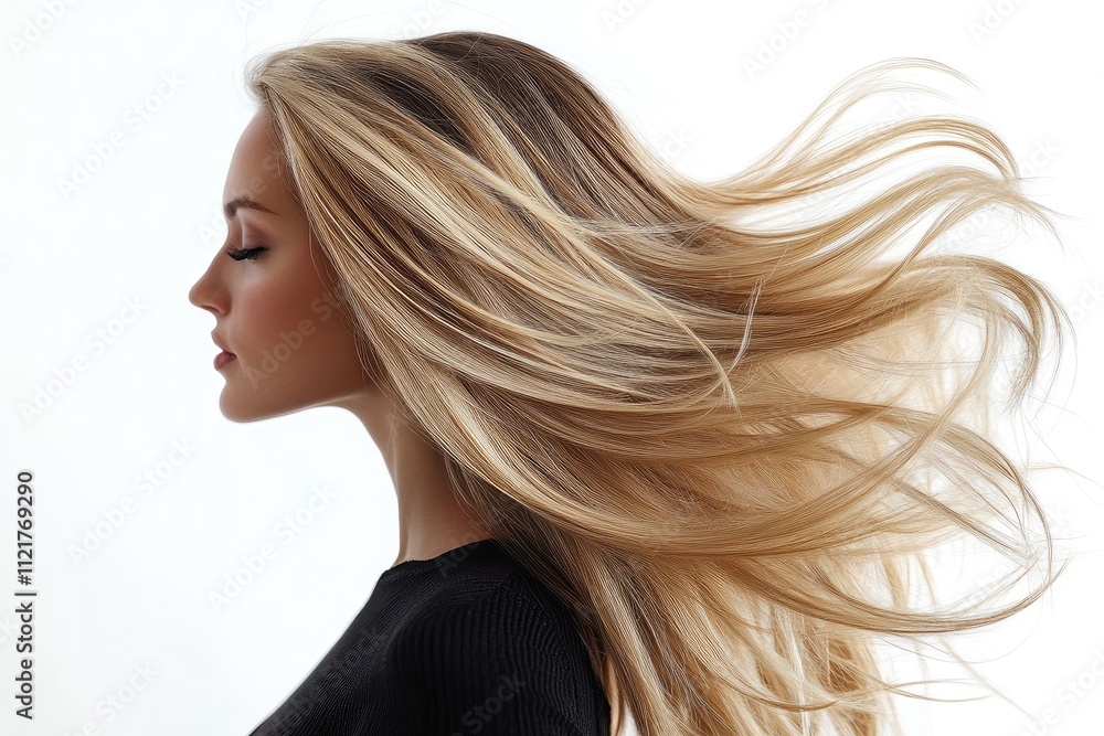 Obraz premium Beautiful blonde woman showing her healthy long hair flowing in the wind