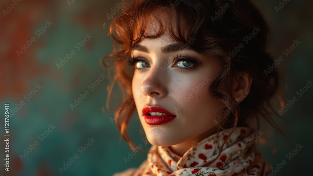 A woman with red hair wearing a scarf A woman with red hair wearing a scarf