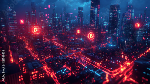 futuristic cityscape glowing with digital currency symbols