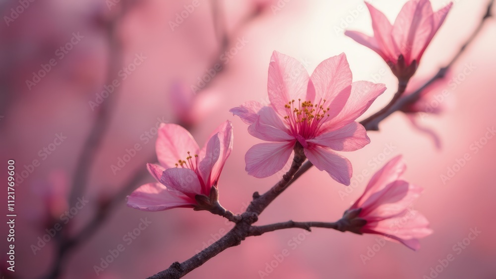 A branch with pink flowers on a pink background A branch with pink flowers on a pink background