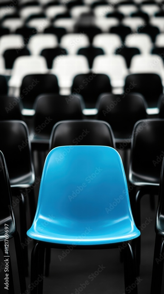 Fototapeta premium Lone blue stadium seat among blackandwhite rows