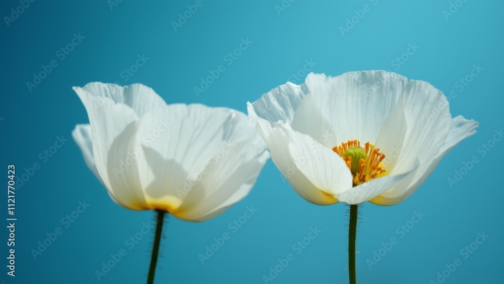 Two white poppies against a blue sky Two white poppies against a blue sky