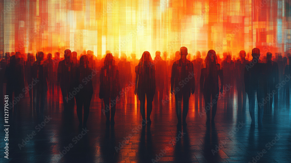 Obraz premium Silhouettes of people against vibrant digital backdrop