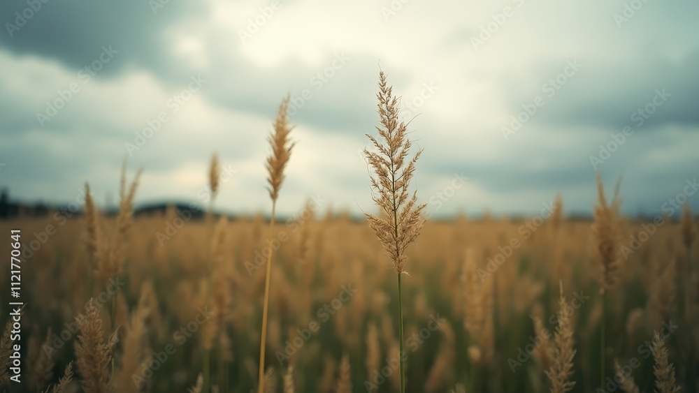 A field of tall grass with a cloudy sky in the background A field of tall grass with a cloudy sky in the background