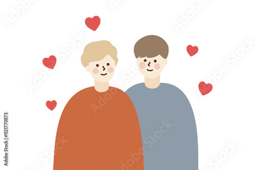 Happy loving gay couple staring to each other. Love, romantic, dating, valentines day, lgbt concept. Flat people vector cartoon character illustration with floating red heart background.