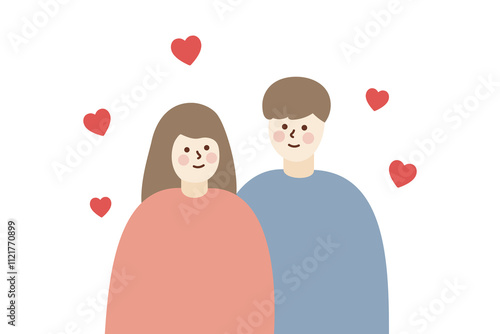Happy loving couple staring to each other. Love, romantic, dating, valentines day concept. Flat people vector cartoon character illustration with floating red heart background.
