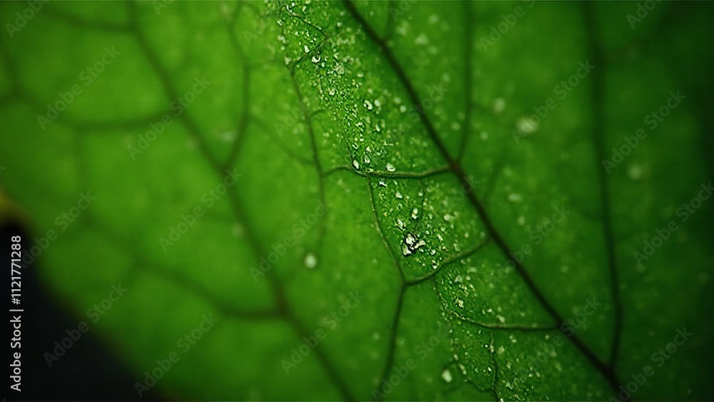 A close up of a green leaf with water droplets on it A close up of a green leaf with water droplets on it