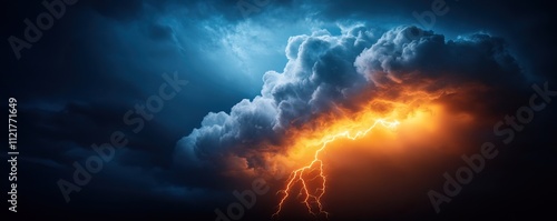 A dramatic storm scene showcasing dark clouds illuminated by bright lightning, creating a striking contrast in the sky.