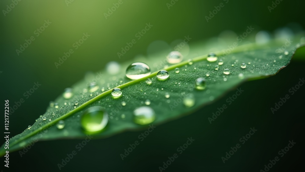 A green leaf with water droplets on it A green leaf with water droplets on it