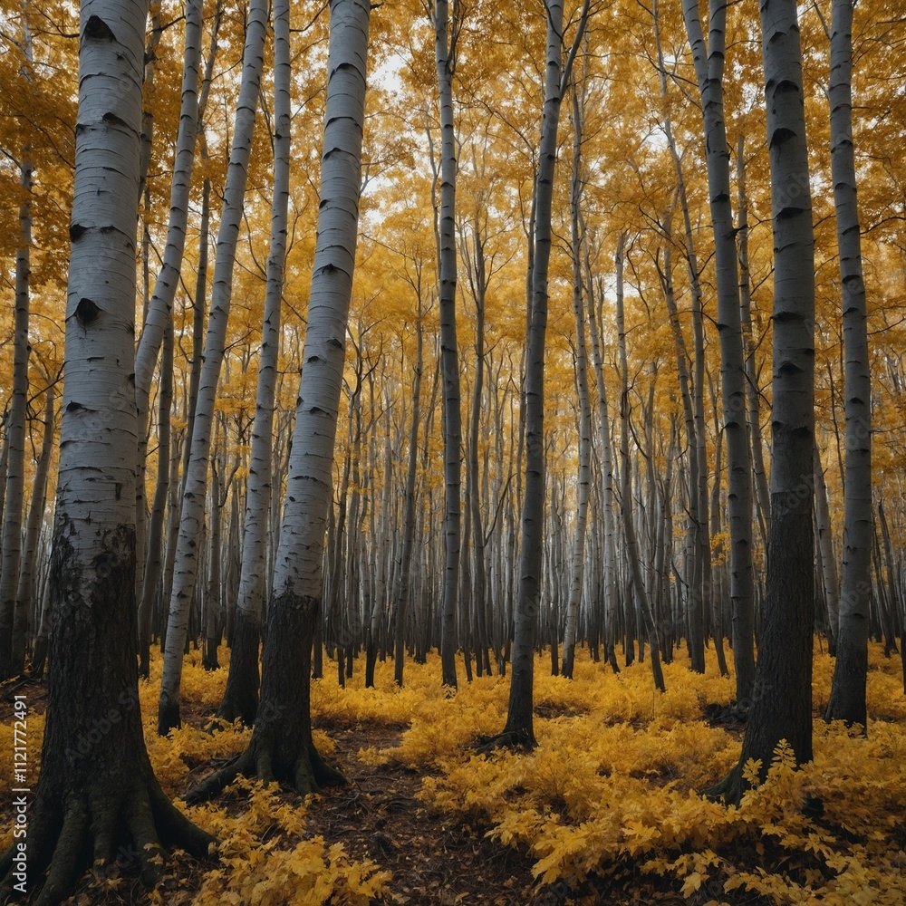 Fototapeta premium .A surreal forest where the trees have golden leaves and silver trunks.