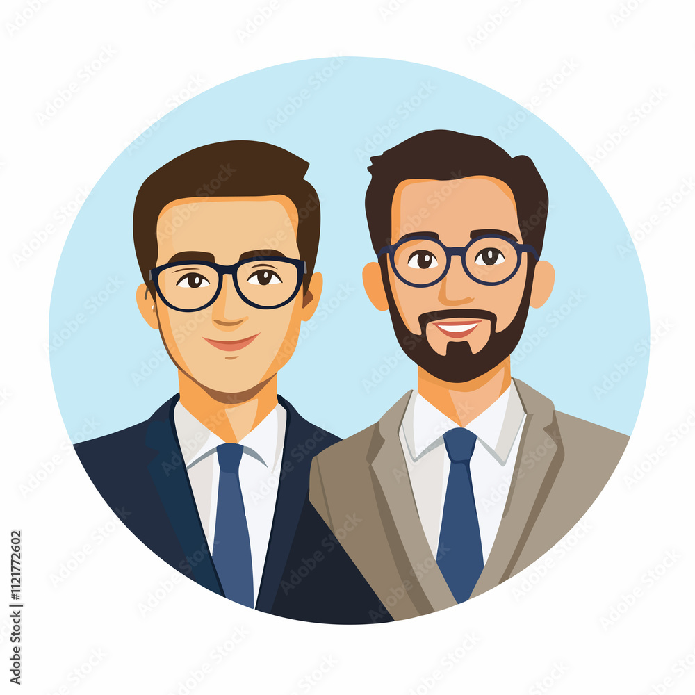 Professional business avatar of two men wearing glasses with car background Professional business avatar of two men wearing glasses with car background