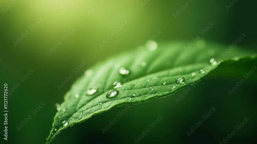 A green leaf with water droplets on it A green leaf with water droplets on it