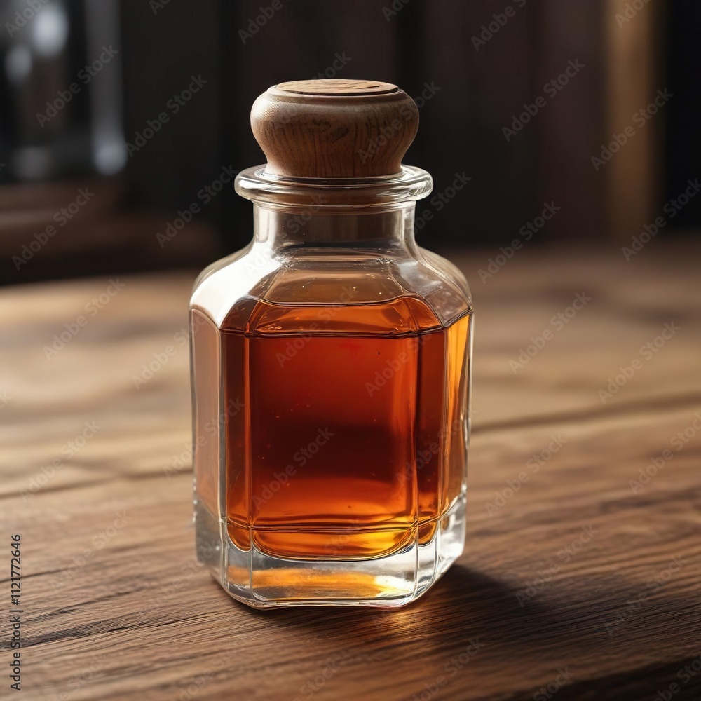 Spicy oil in old crystal container on wooden table , home interior, dining room Spicy oil in old crystal container on wooden table , home interior, dining room