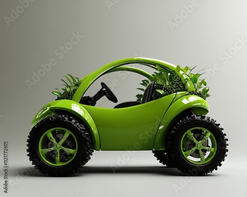 A vibrant green car adorned with plants, showcasing an eco-friendly design and a unique, modern aesthetic. photo