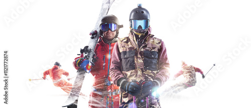 Two skiers. In the background, skiers are going down the mountain slope at top speed. Skiing poster. Action. Winter sport. Isolated on white