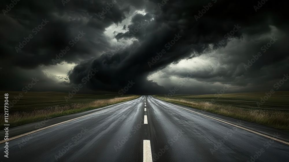 Travel themed image showing an empty road with dark storm clouds overhead Travel themed image showing an empty road with dark storm clouds overhead
