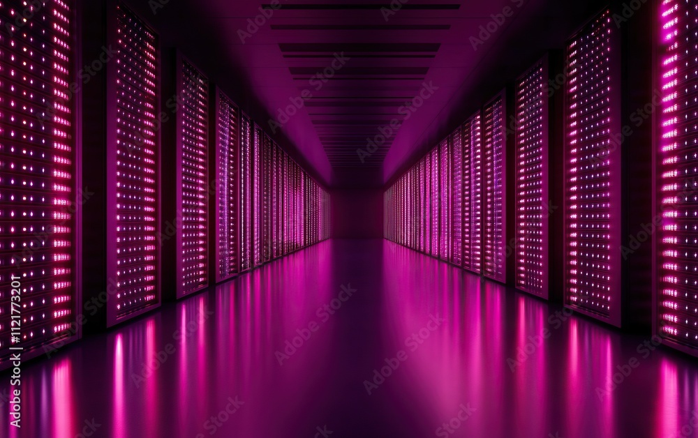 A futuristic corridor illuminated by vibrant pink lights, showcasing rows of digital equipment against a sleek, reflective floor. A futuristic corridor illuminated by vibrant pink lights, showcasing rows of digital equipment against a sleek, reflective floor.