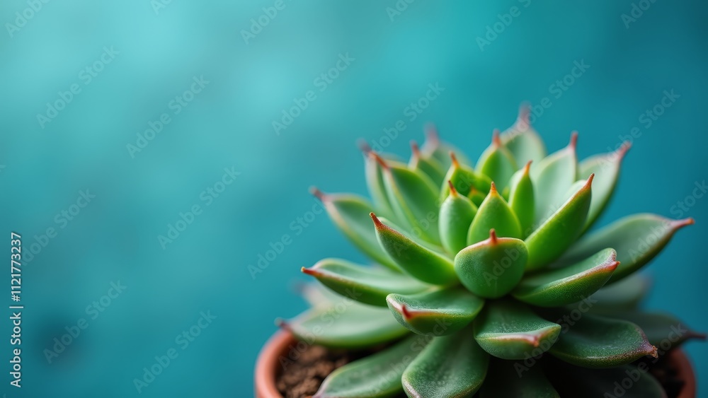 A small green plant in a brown pot on a blue background A small green plant in a brown pot on a blue background