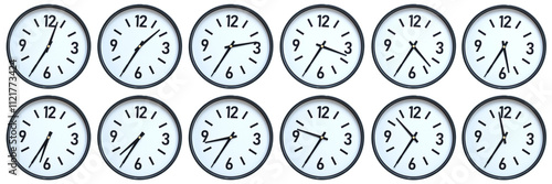 Set of photography of Isolated Minimalist Round Wall Clocks with Black Frames Showing Different Times from 12:35 to 11:35 for Deadline and Time Management Concepts