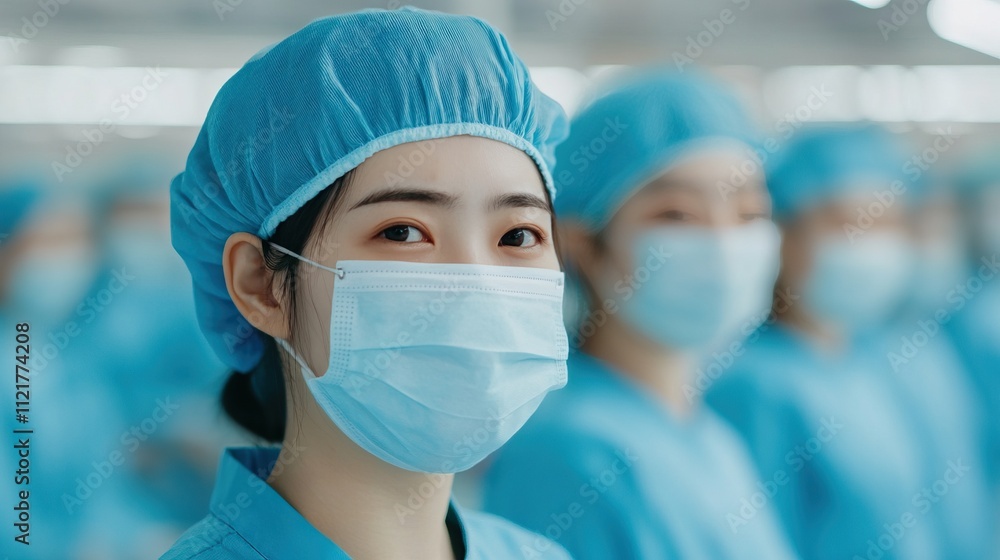 A smiling healthcare worker in blue scrubs and mask stands out among colleagues, promoting a sense of teamwork and professionalism in a medical environment. A smiling healthcare worker in blue scrubs and mask stands out among colleagues, promoting a sense of teamwork and professionalism in a medical environment.