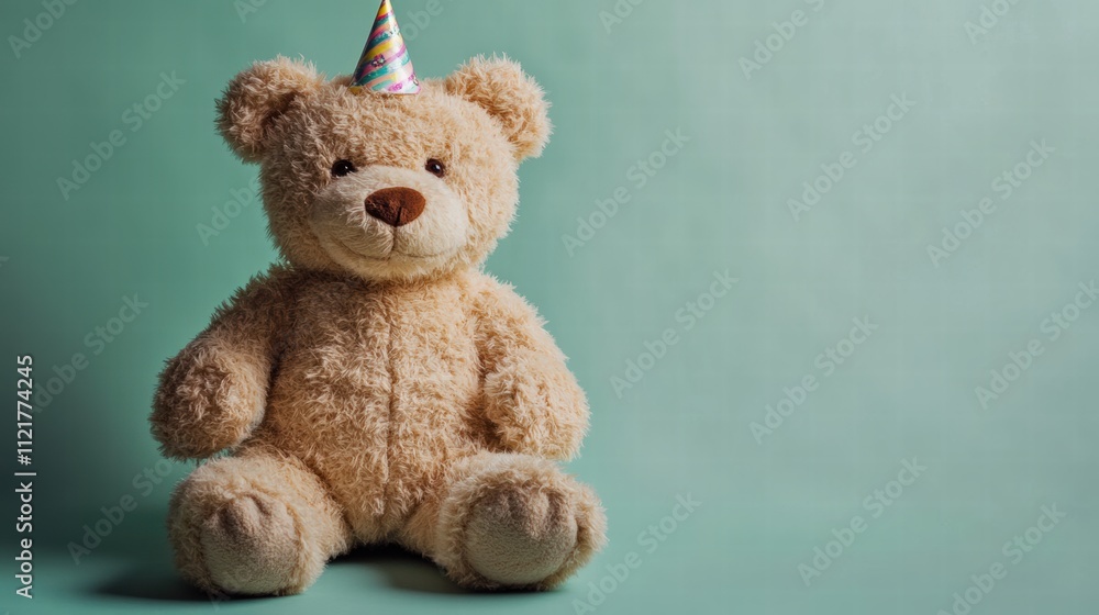 Fototapeta premium A teddy bear with a small birthday hat on a soft green background