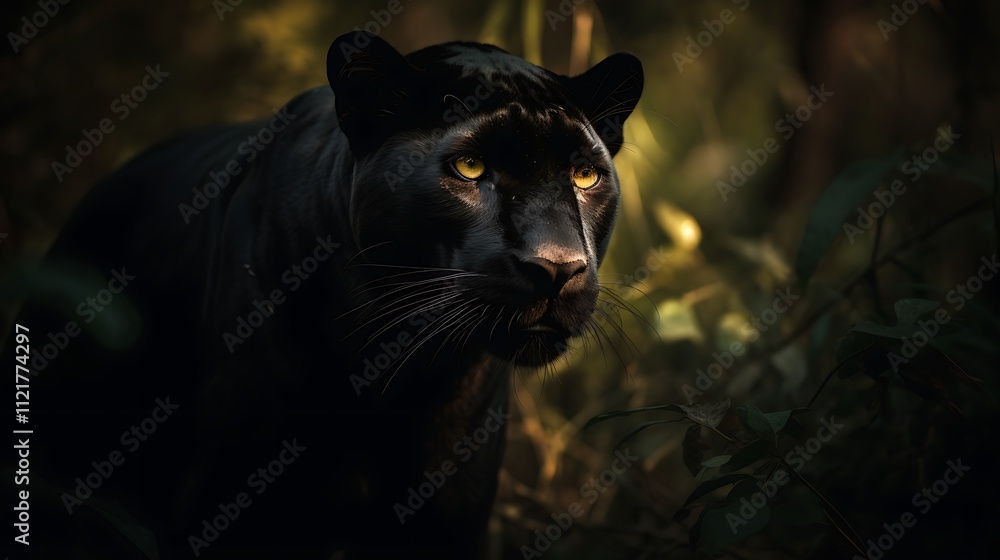 Majestic Black Panther In Dark Forest Setting Majestic Black Panther In Dark Forest Setting