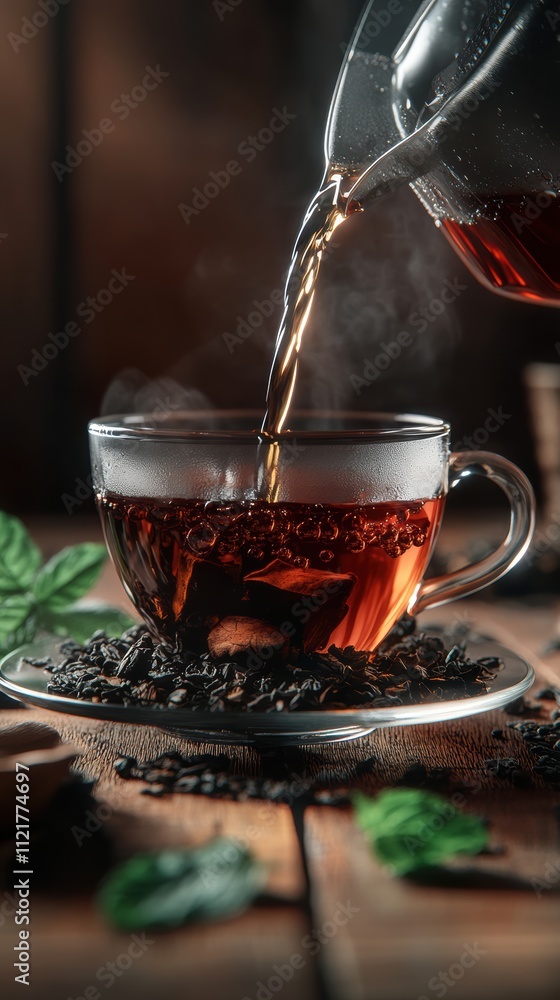 Black tea being poured into transparent teacup with mint and loose tea Black tea being poured into transparent teacup with mint and loose tea