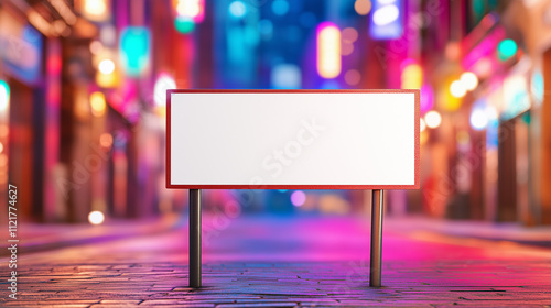 Blank sign on empty street at night in vibrant city filled with bright neon lights photo