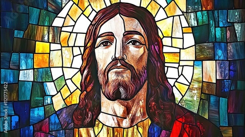 A stained glass painting of Jesus Christ, using colors from stained glass windows from the Middle ages