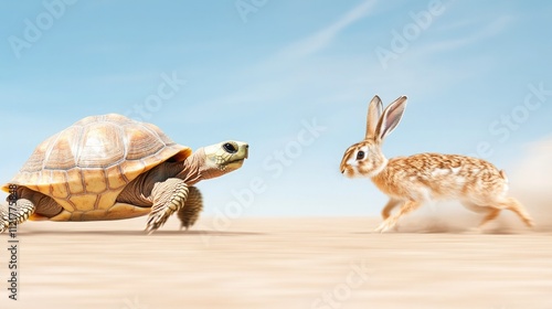 Turtle Outracing Hare in Surreal Art Style photo