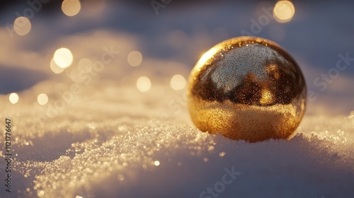 A close-up of a gold bauble on a snowy surface, with delicate golden sparkles in the background photo