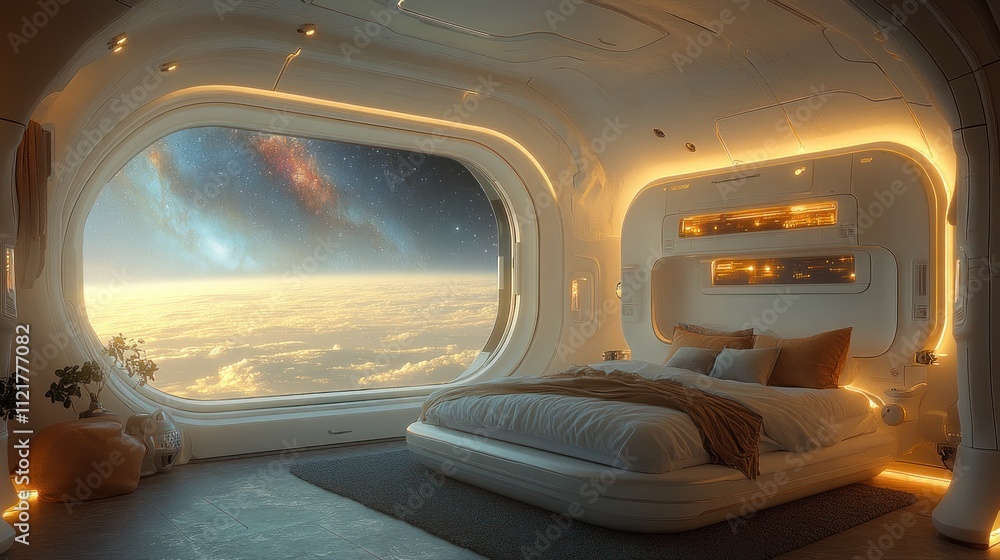 Futuristic bedroom with a space view and soft lighting Futuristic bedroom with a space view and soft lighting