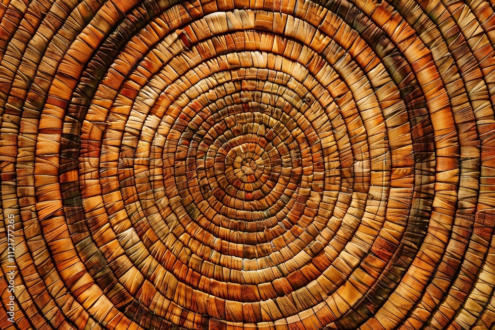 Fototapeta premium Close-up of an intricate woven pattern in shades of brown and orange, resembling the texture inside a circular straw mat basket